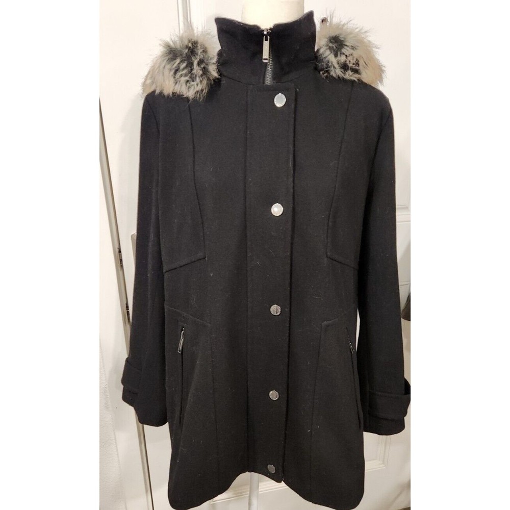 London Fog Coat Womens Extra Large Wool Faux-Fur-Trim Hooded $259 NEW